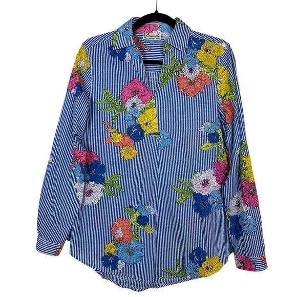 Vincente Striped Floral Career Professional Blue White Lightweight Blouse Top - Picture 1 of 5